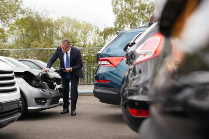 Insurance adjuster in a suit holding a clipboard and inspecting the crushed front end of a silver car parked among other damaged vehicles